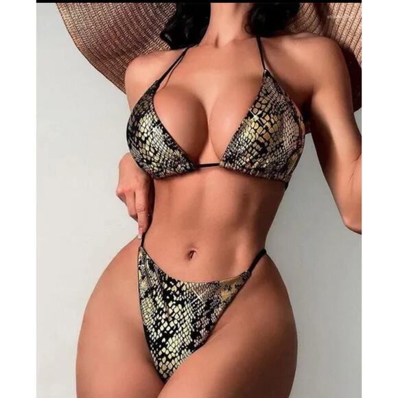 Bikini Beach snakeskin halter thigh high padded top gold/black swimsuit SZ M - Picture 1 of 5